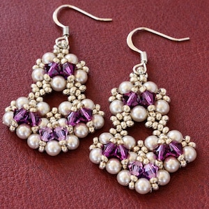PDF tutorial beaded earrings Amethyst_ Swarovski _ pearl_ seed bead_ crystals_ simple pattern