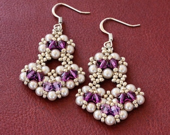 PDF tutorial beaded earrings Amethyst_ Swarovski _ pearl_ seed bead_ crystals_ simple pattern
