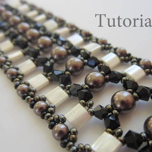 May include: Close-up of a beaded bracelet with a tutorial title. The bracelet features a grid-like design with white rectangular beads, black faceted beads, and brown spherical beads. Small, dark beads line the edges.