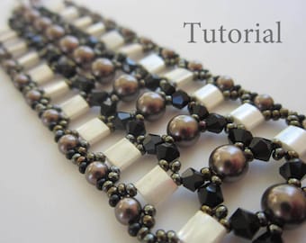 May include: Close-up of a beaded bracelet with a tutorial title. The bracelet features a grid-like design with white rectangular beads, black faceted beads, and brown spherical beads. Small, dark beads line the edges.