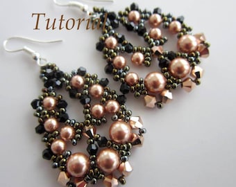 PDF tutorial beaded earrings rose gold Swarovski pearls crystals seed bead beading pattern