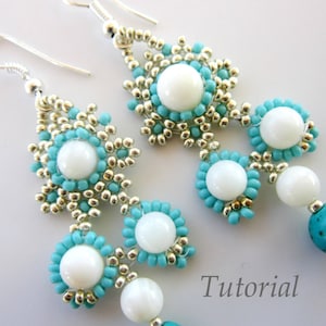 May include: A pair of dangle earrings with silver hooks and turquoise and white beads. The earrings feature a teardrop shape with three white beads and turquoise beads surrounding each bead. The bottom bead is a larger turquoise bead.
