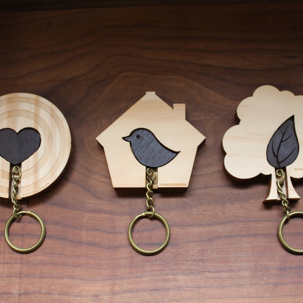 Classic。Key House．Bird。Leaf。Heart。Key Ring, Key Holder, Key Chain, Surprising Gift, Customized Souvenir, Wood Design, Wood Craft, Home Decor