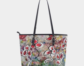 Sac fourre-tout fleuri pour femme, sac de plage, sac à main fleuri, sac de créateur, shopping fleurs imprimées | Porte-monnaie artistique en cuir végétalien | Cadeau pour elle oeuvres d'art figuratives