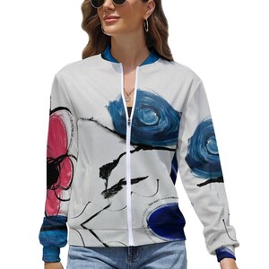 Floral Bomber Jacket Blue Flowers Women's Long Sleeve Zipper Jacket printed Flowers Bomber Jacket Garden Print Flowers Light Spring Bomber image 1