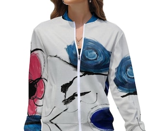 Chaqueta bomber floral Flores azules Chaqueta con cremallera de manga larga para mujer Flores estampadas Chaqueta bomber Estampado de jardín Flores Bomber ligera de primavera