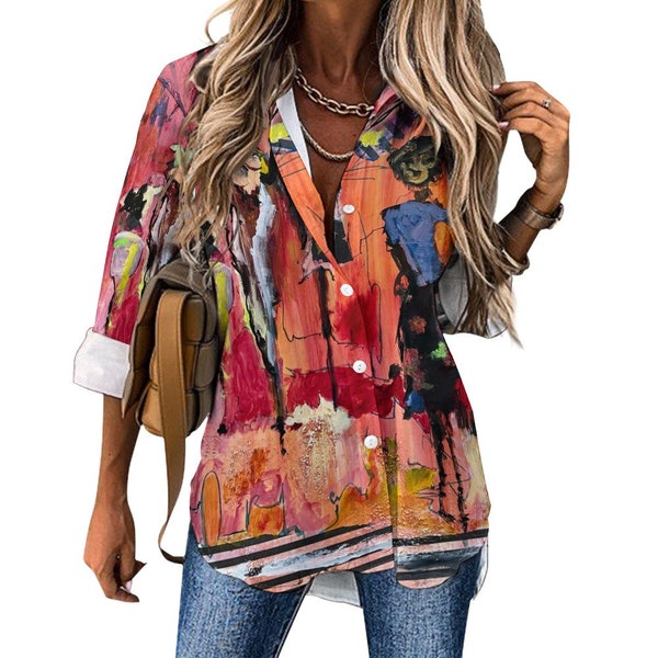 Women Shirt | Colorful Artistic Print Blouse, Long Sleeve Button-Down | Trendy Fashion for Women | Statement Apparel