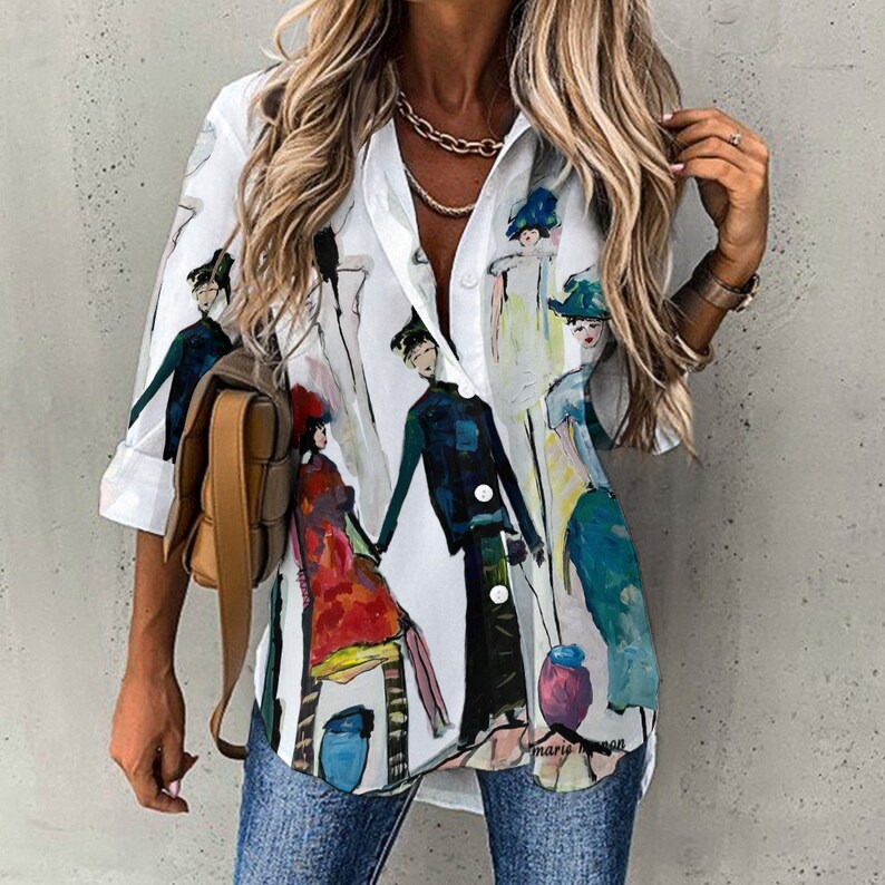 Camisa de mujer Regalos de mamá Blusa de mujer Camisa de diseñador gráfico Blusa con estampado gráfico artístico colorido Camisa con botones de manga larga Única imagen 1