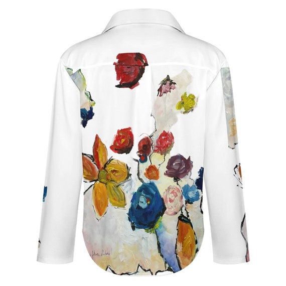 Mujer camisa blanca mujer blusa flores rosas rojas flores azules coloridas blusa con estampado grafico artistico camisa con botones de manga larga unica Etsy Espana