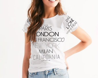 Camicia da donna con città visitate, camicia da viaggiatore, camicia con francobollo postale della città, camicia con nomi di città Parigi, città e stati, camicie delle città del mondo