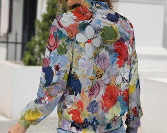 Floral Women's Long Sleeve Zipper Jacket - Women Flowers Bomber Jacket Artistic Garden Flowers Women Coat