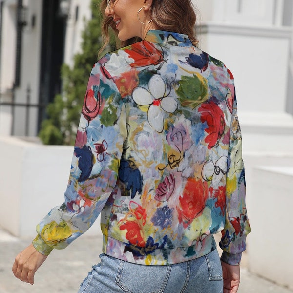 Floral Women's Long Sleeve Zipper Jacket - Women Flowers Bomber Jacket Artistic Garden Flowers Women Coat