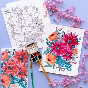 Kit de pintura de flores silvestres de invierno en acuarela color granate para principiantes, pintura de flores por números