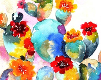 Prickly Pear Rainbow Bunch Cactus Botanical Watercolor Art Print 5x7