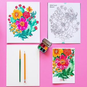 Tutorial de acuarela paso a paso: kit de pintura artística para cactus silvestres de flores rosas, pintura DIY por números para principiantes, fácil de transportar y transportar.