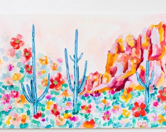 Blue Saguaro among a Red Poppy Flower Field Desert Watercolor Horizontal Art Canvas Print