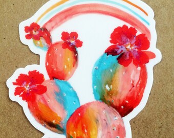 Coral Red Rainbow Prickly Pear Desert Watercolor Vinyl Sticker