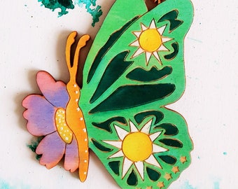 Butterfly Sun Green Flower Wood Ornament 4"