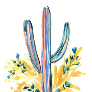 Coral Saguaro Cactus Blue Flowers Botanical Watercolor Art Print 5x7