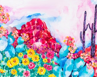 Desert Red Rocks Bright Flowers Purple Saguaro Horizontal Art Canvas Print