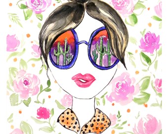 5x7 Hair art bun top knot  Blonde Brown Pink Rose Flowers Cacti Sunglasses Polaroid Illustration Watercolor