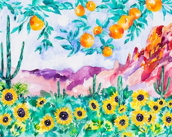 Orange Sky with Sunflower Field Desert Mountain Watercolor Horizontal Art Canvas Print