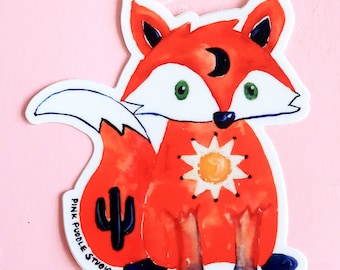 Fox Sun Moon Saguaro Watercolor Vinyl Sticker