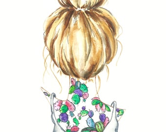 8x10  Hair art bun top knot  Blonde Cacti Cactus Tattoo Illustration Watercolor