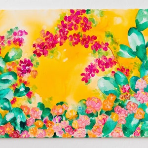 Gold Prickly Pear Green Cactus Desert Flowers Watercolor Horizontal Art Canvas Print