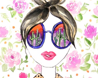 8x10  Hair art bun top knot  Blonde Brown Pink Rose Flowers Cacti Sunglasses Polaroid Illustration Watercolor