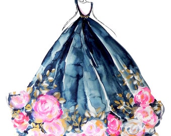 8x10 Rose Dress Indigo Fashion Watercolor Illustration