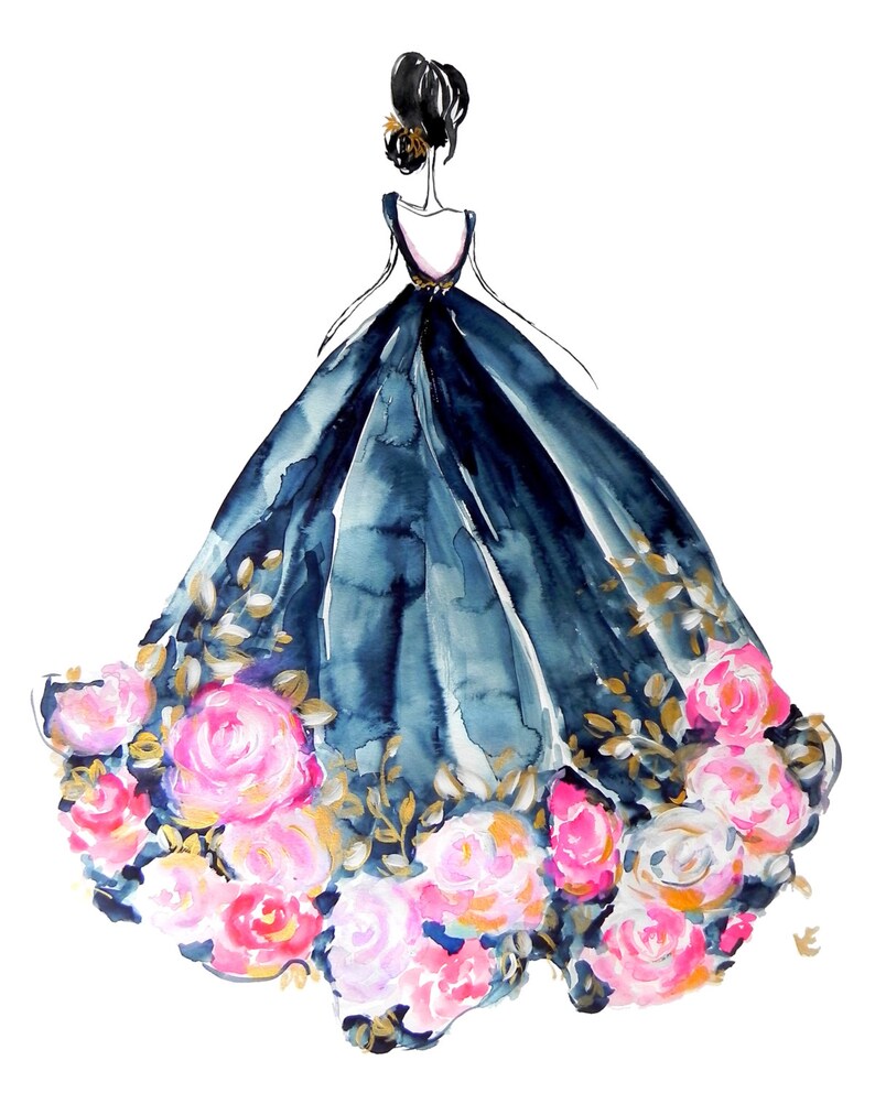 8x10 Rose Dress Indigo Fashion Watercolor Illustration Etsy