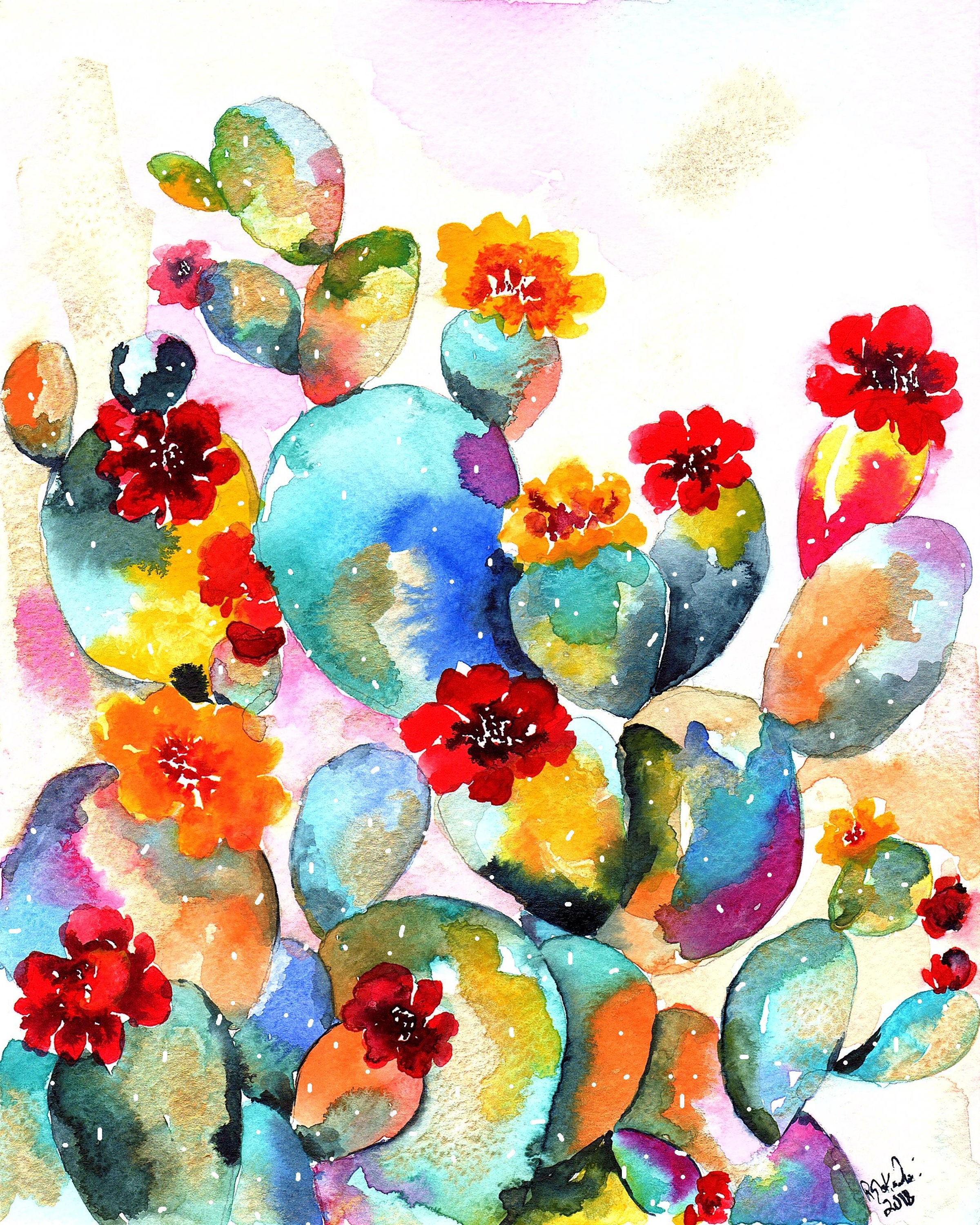 Prickly Pear Rainbow Bunch Cactus Botanical Watercolor Art Print