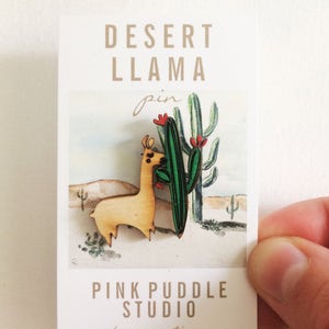 Wood Llama Pin Saguaro Green Cactus Desert