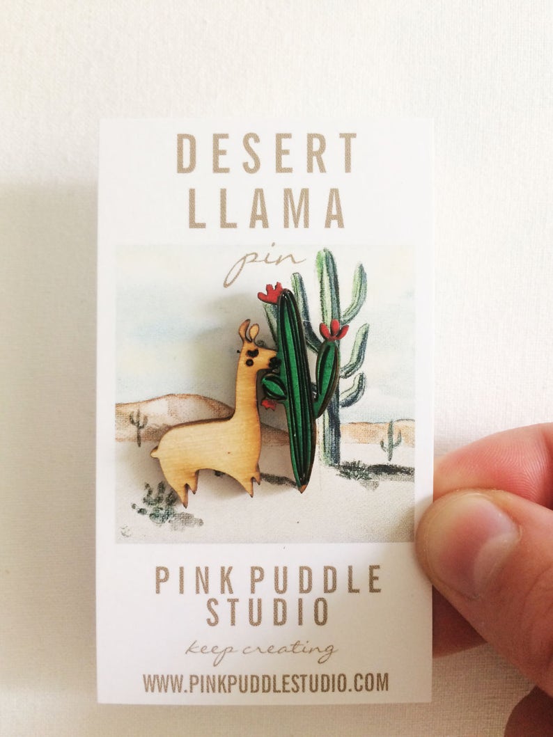 Wood Llama Pin Saguaro Green Cactus Desert image 1