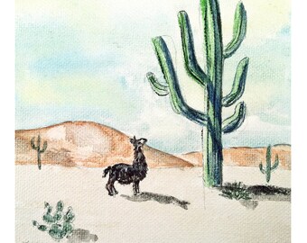 5x5 Mini Cactus Watercolor Llama Art Print Arizona desert cactus Llama Illustration