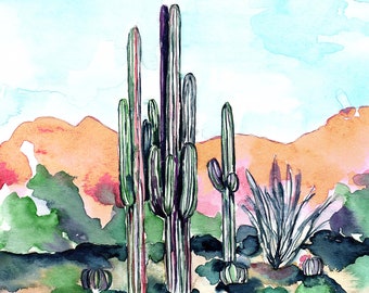 Desert Morning Saguaro Cactus Watercolor Art Print