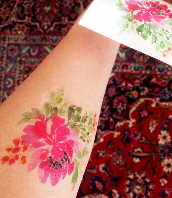Tatouage Temporaire Fleurs Rose Pivoine Verdure Aquarelle Botanique