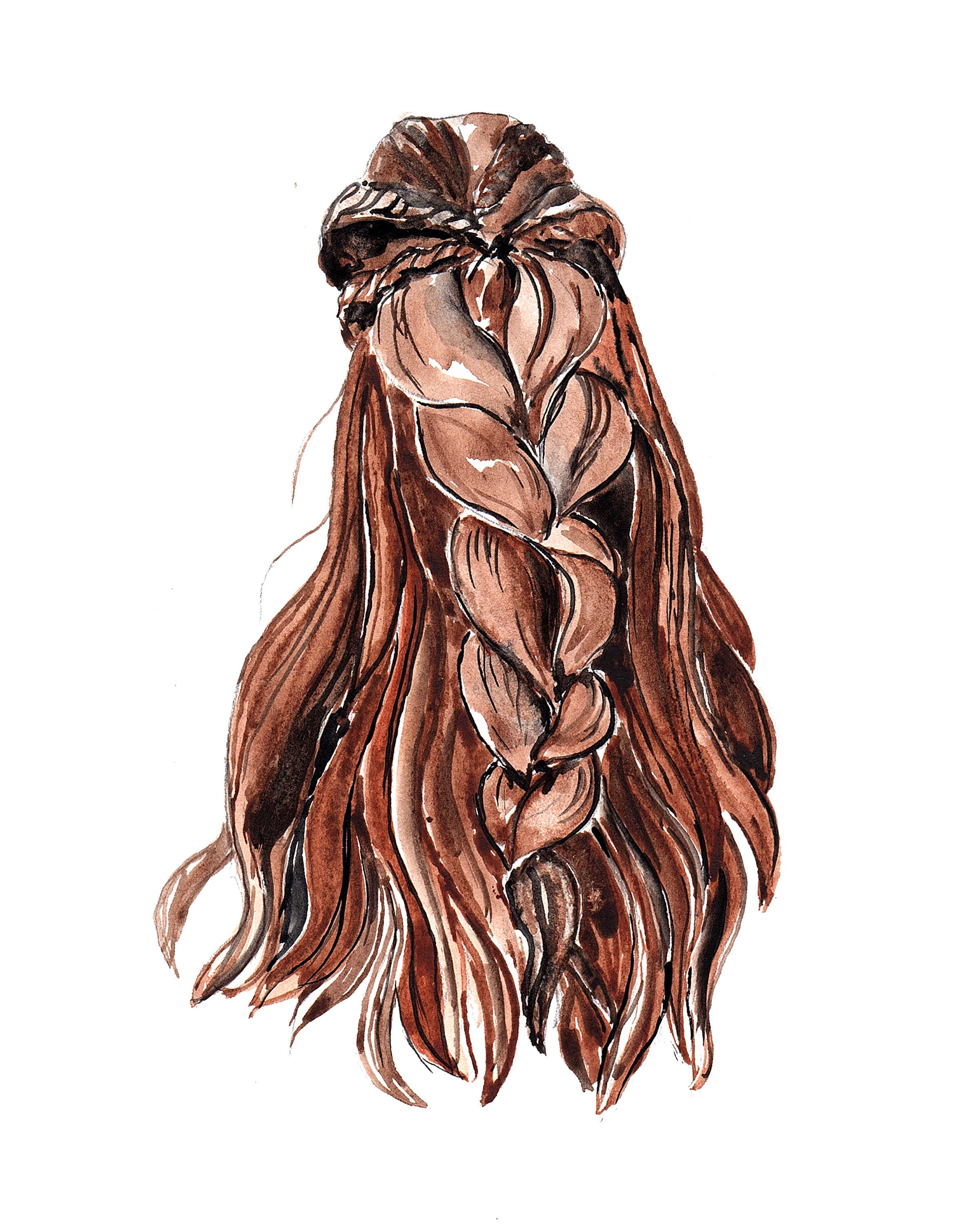 Brown Long Hair Braid Art Print Watercolor Ilustration 8x10 - Etsy