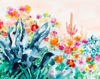 Agave Wildflower Blossom Pink Saguaro Desert Horizontal Art Canvas Print