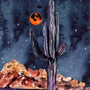 Red Moon Night Saguaro Desert Scene Cactus Botanical Watercolor Art Print