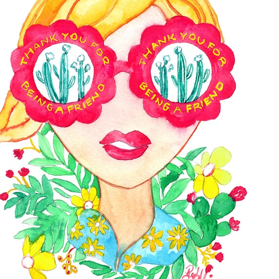 Thank You Bun Blonde Girl Pink Sunglasses Cactus Garden Art Print