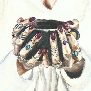 Hands Red Nails  Black Coffee Mug Cup Jewelry Rings Fashion Watercolor Illustration Painting