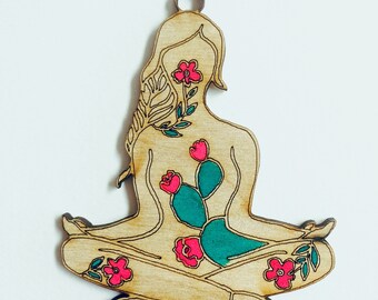 Hand Painted Yoga Cactus Flower Pink Wood Ornament 3.5"