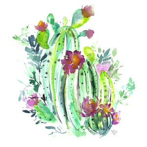 16x20 Purple Green Flower Barrel Cactus Desert Bloom Cacti Watercolor Art Print