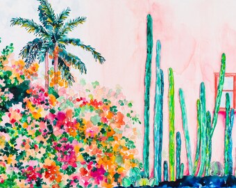 Cactus Palm Tree  Flower Bush on Pink Wall Watercolor Horizontal Art Canvas Print