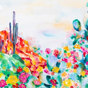Blue Prickly Pear Cactus Wildflower Red Rocks Saguaro Watercolor Horizontal Art Canvas Print