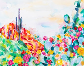 Blue Prickly Pear Cactus Wildflower Red Rocks Saguaro Watercolor Horizontal Art Canvas Print