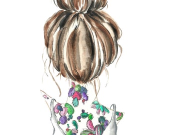 8x10  Hair art bun top knot  Brown Cacti Cactus Tattoo Illustration Watercolor