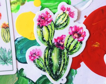 Prickly Pear Pink Flowers Botanical Desert Cactus  Watercolor Vinyl Sticker